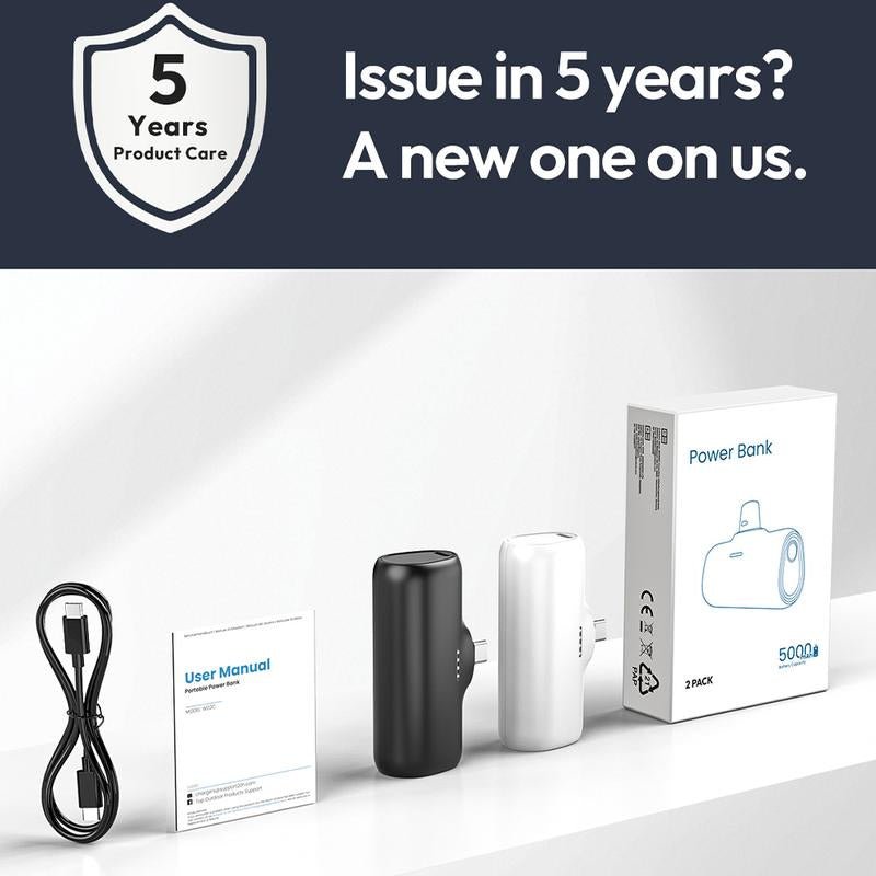 Compact 5000mAh Portable Charger with Built-in USB-C Connector - Ideal for iPhone 16/15, Samsung, and Google Pixel