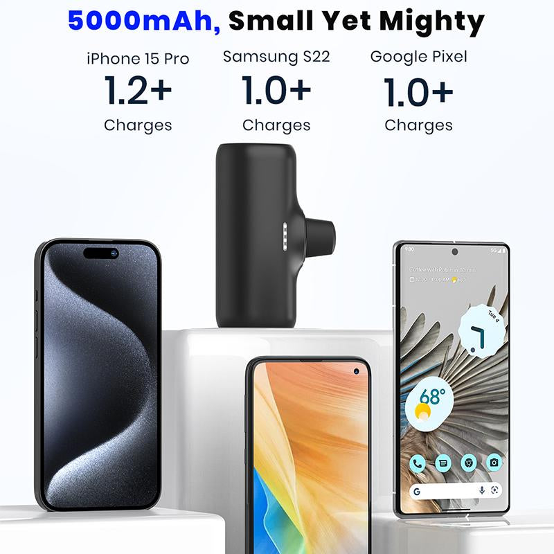 Compact 5000mAh Portable Charger with Built-in USB-C Connector - Ideal for iPhone 16/15, Samsung, and Google Pixel