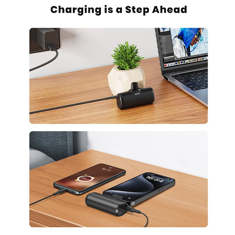 Compact 5000mAh Portable Charger with Built-in USB-C Connector - Ideal for iPhone 16/15, Samsung, and Google Pixel