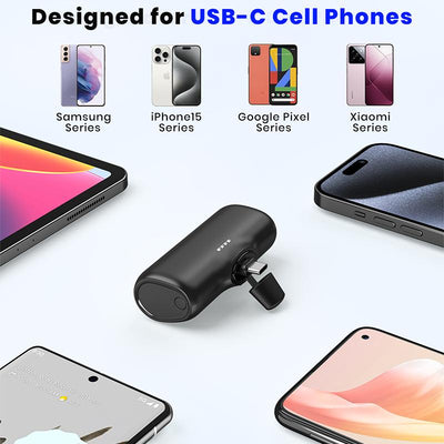 Compact 5000mAh Portable Charger with Built-in USB-C Connector - Ideal for iPhone 16/15, Samsung, and Google Pixel